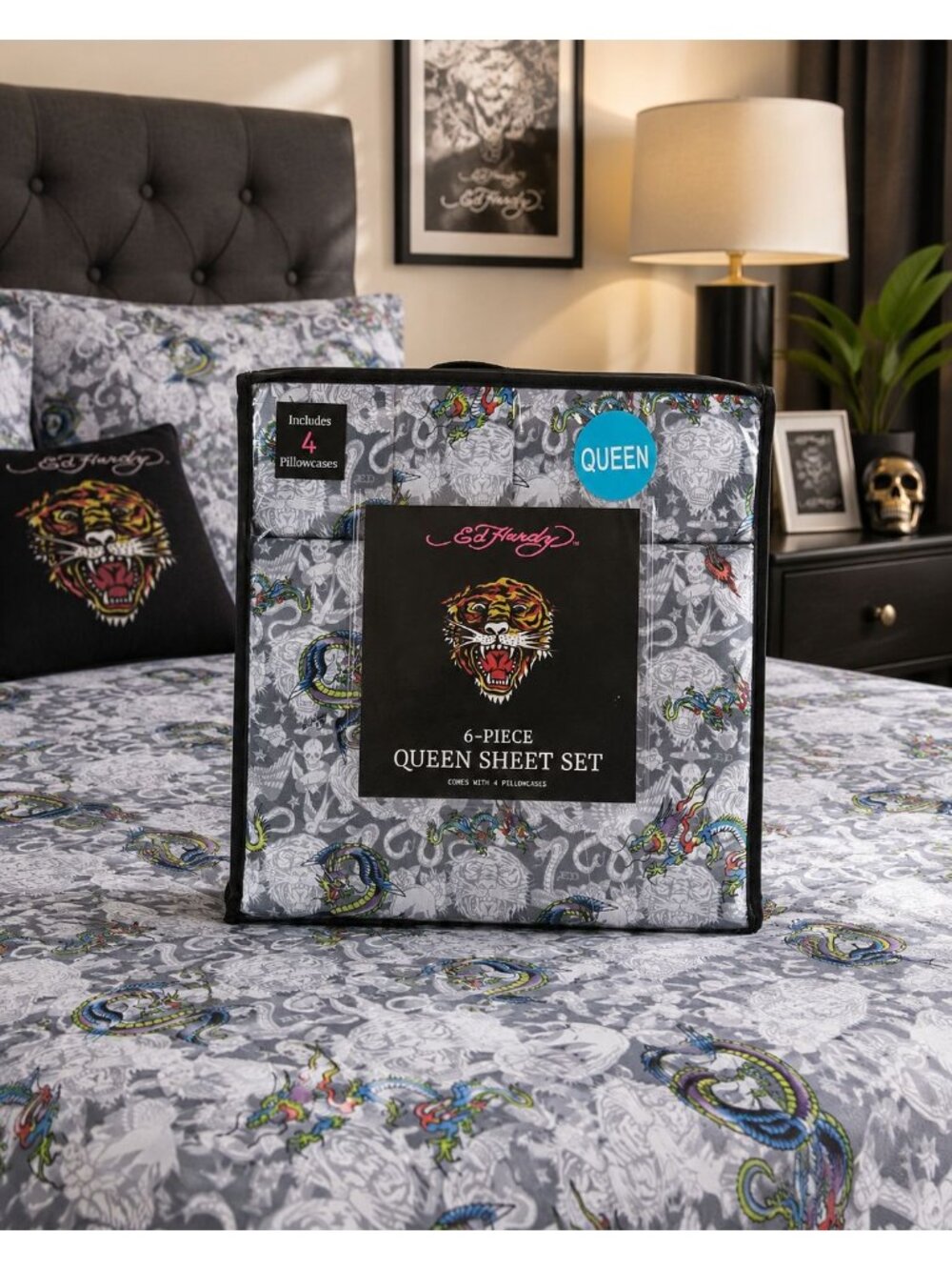 Ed Hardy Queen Sheet Set 6-Piece w 4 Pillowcases White Gray Tattoo Dragon Skill
